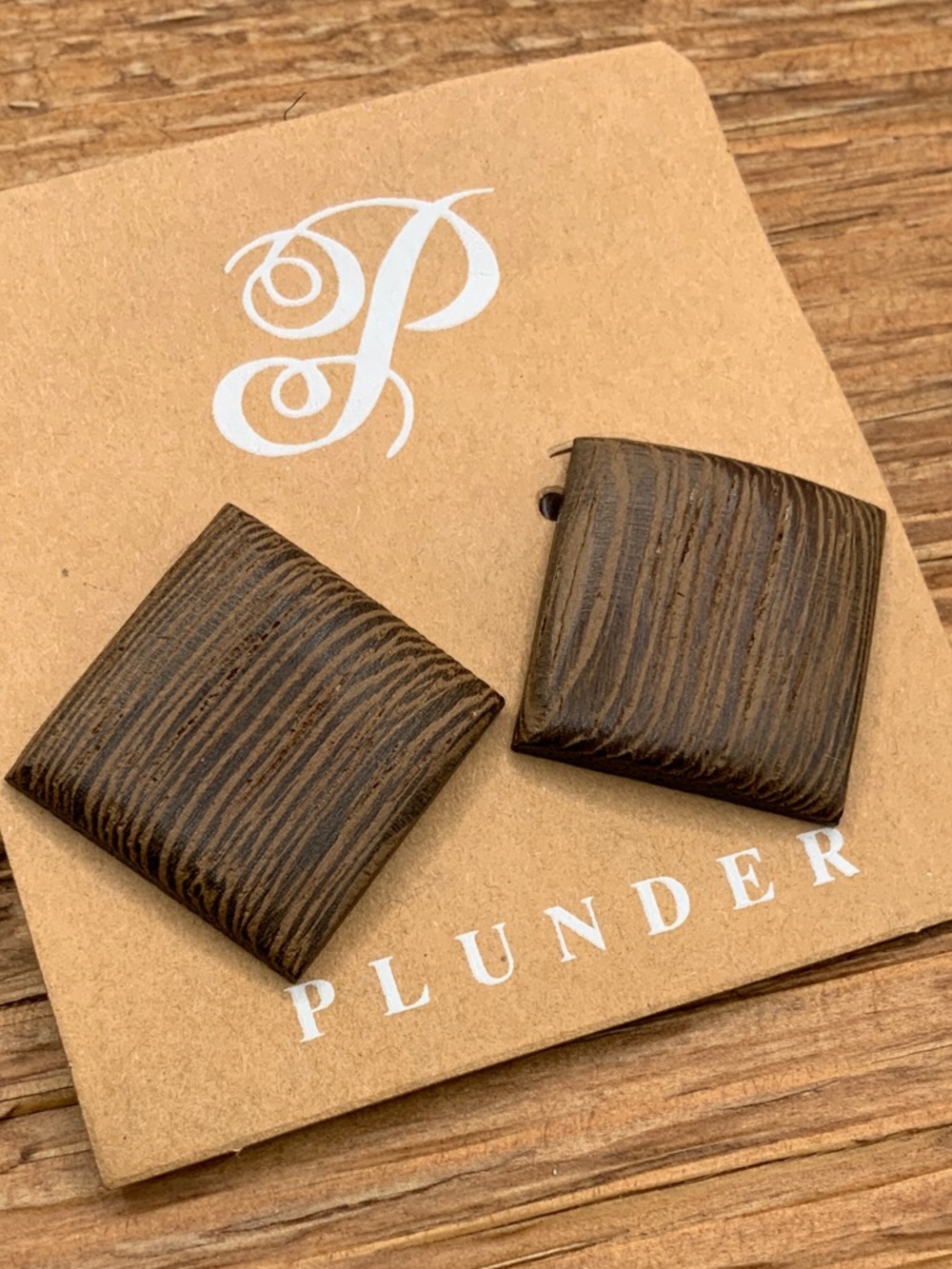 Plunder Design Textured Dark Wood Square Stud Earrings